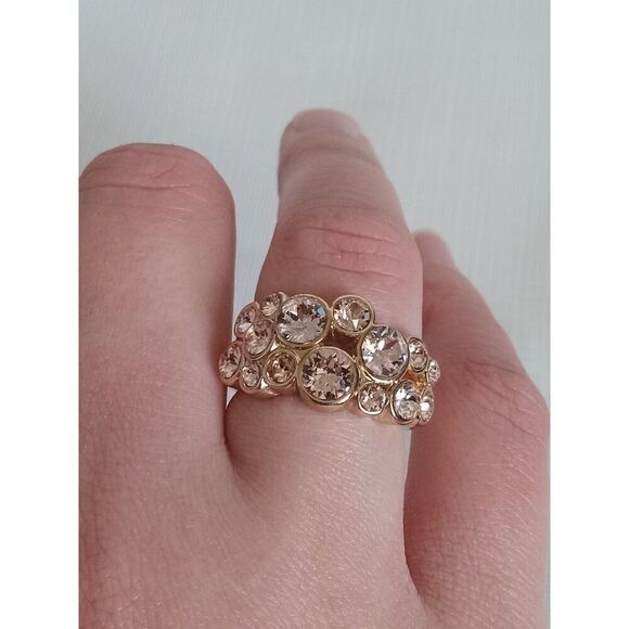 Gold Toned Metal Orange Pink Rhinestone Encrusted Women's Statement Fashion Ring - Picture 5 of 6